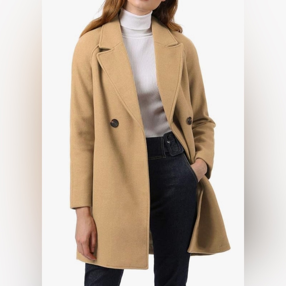Allegra K Tan Pea Coat Double-Breasted Classic